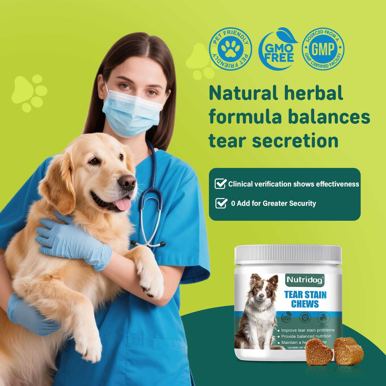 Nutridog Tear Stain Chews 120-count bottle for month-long supply.