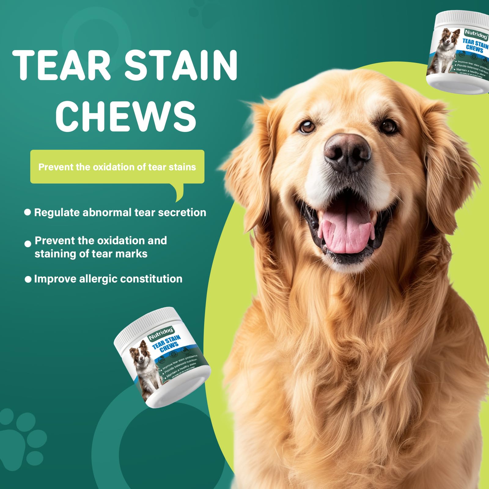 Nutridog Tear Stain Chews back label info for usage guidance.