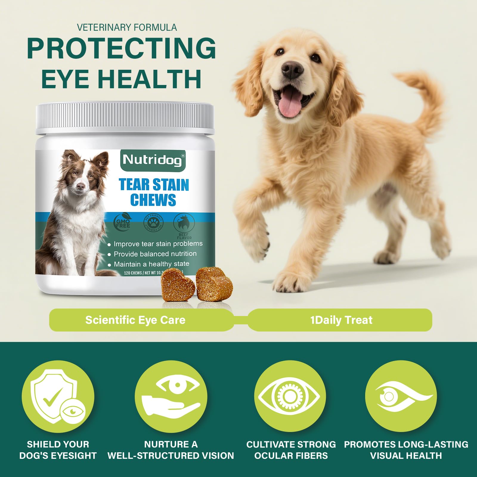 Nutridog Tear Stain Chews on a dog face highlighting tear stain care.