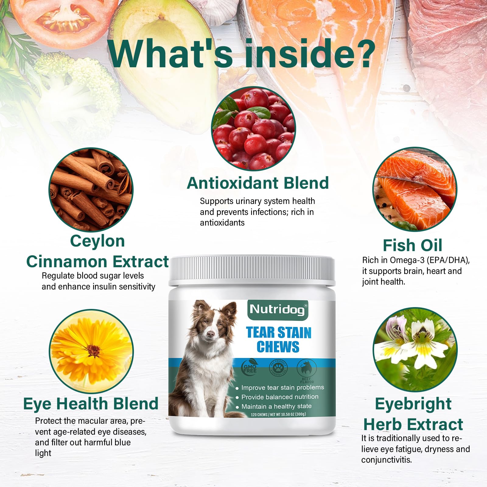 Nutridog Tear Stain Chews soft bites in beef flavor for daily use.
