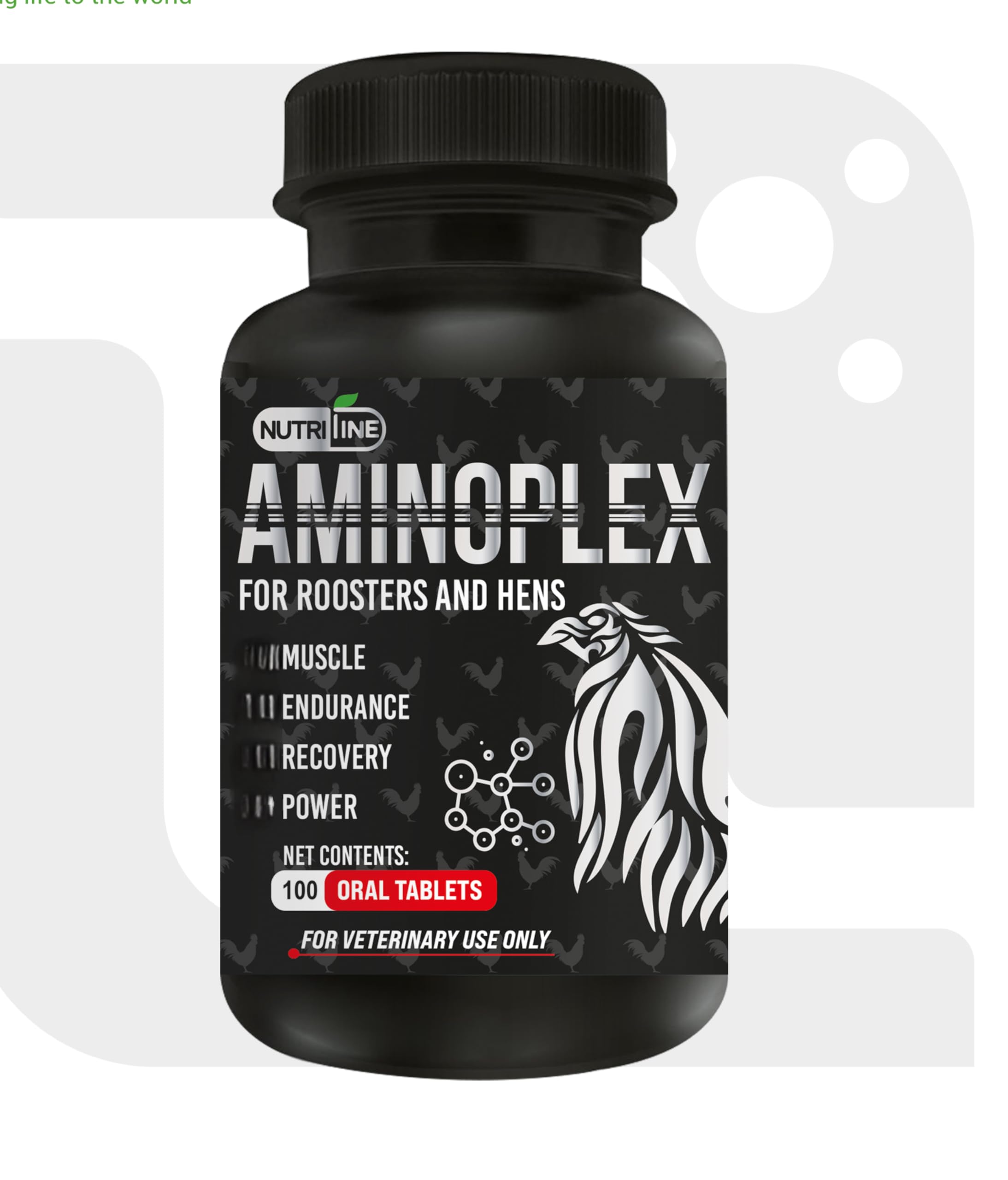 Nutri-Line Aminoplex100 tablets in bottle, supporting poultry health during feeding.