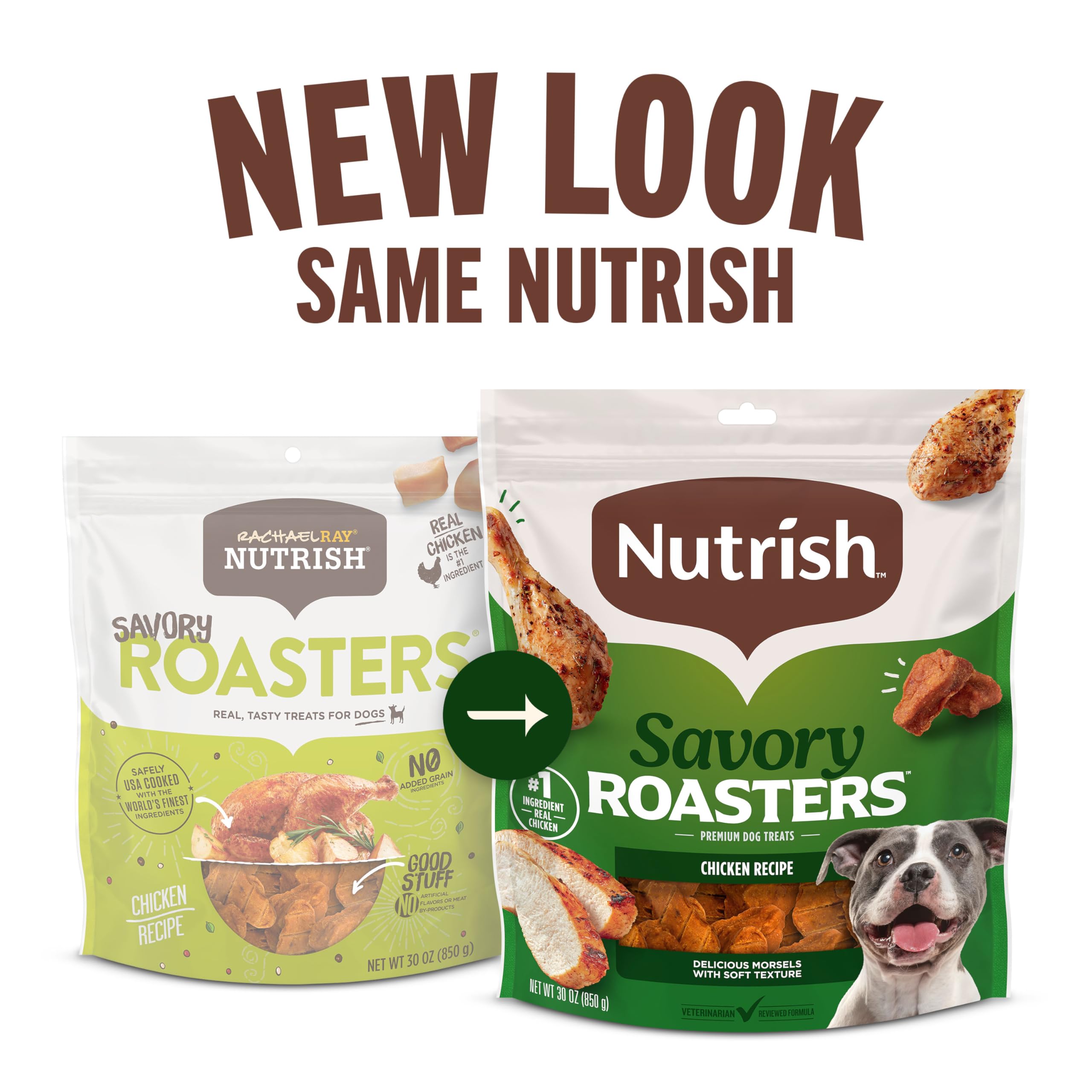 Nutrish Savory Roasters chicken treats; dog enjoying bite indicating rewarding during meals