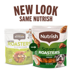 Nutrish Savory Roasters chicken treats; dog enjoying bite indicating rewarding during meals