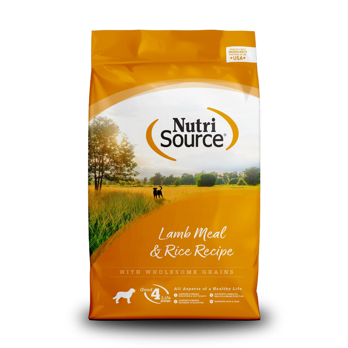 NutriSource adult dry dog food lamb meal rice bag supports all life stages.