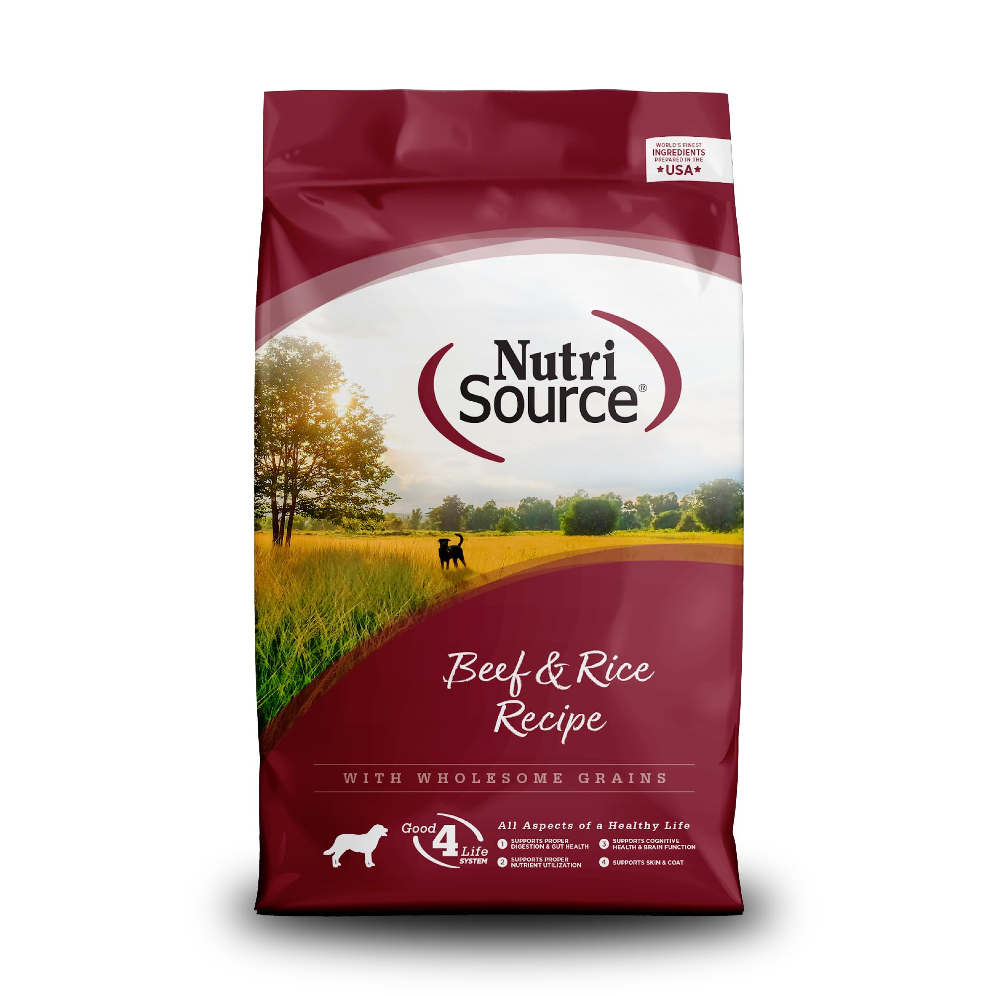 NutriSource Beef and Rice dry dog food bag front view for balanced daily nutrition