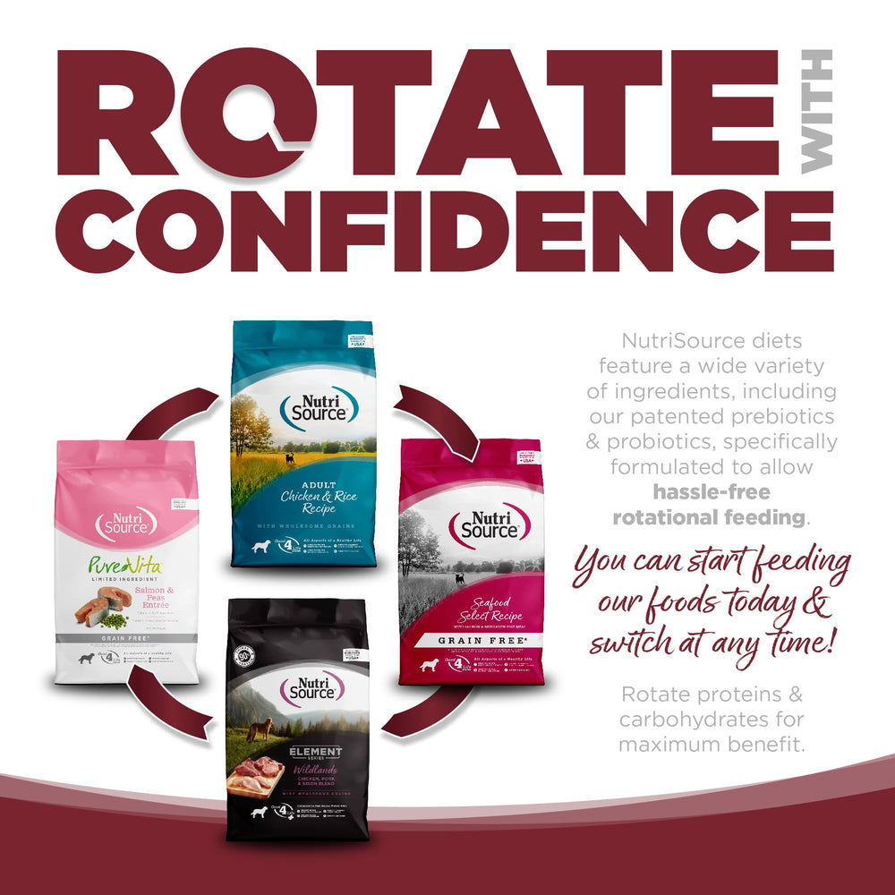 NutriSource Beef and Rice probiotics label closeup suggesting gut-friendly benefits