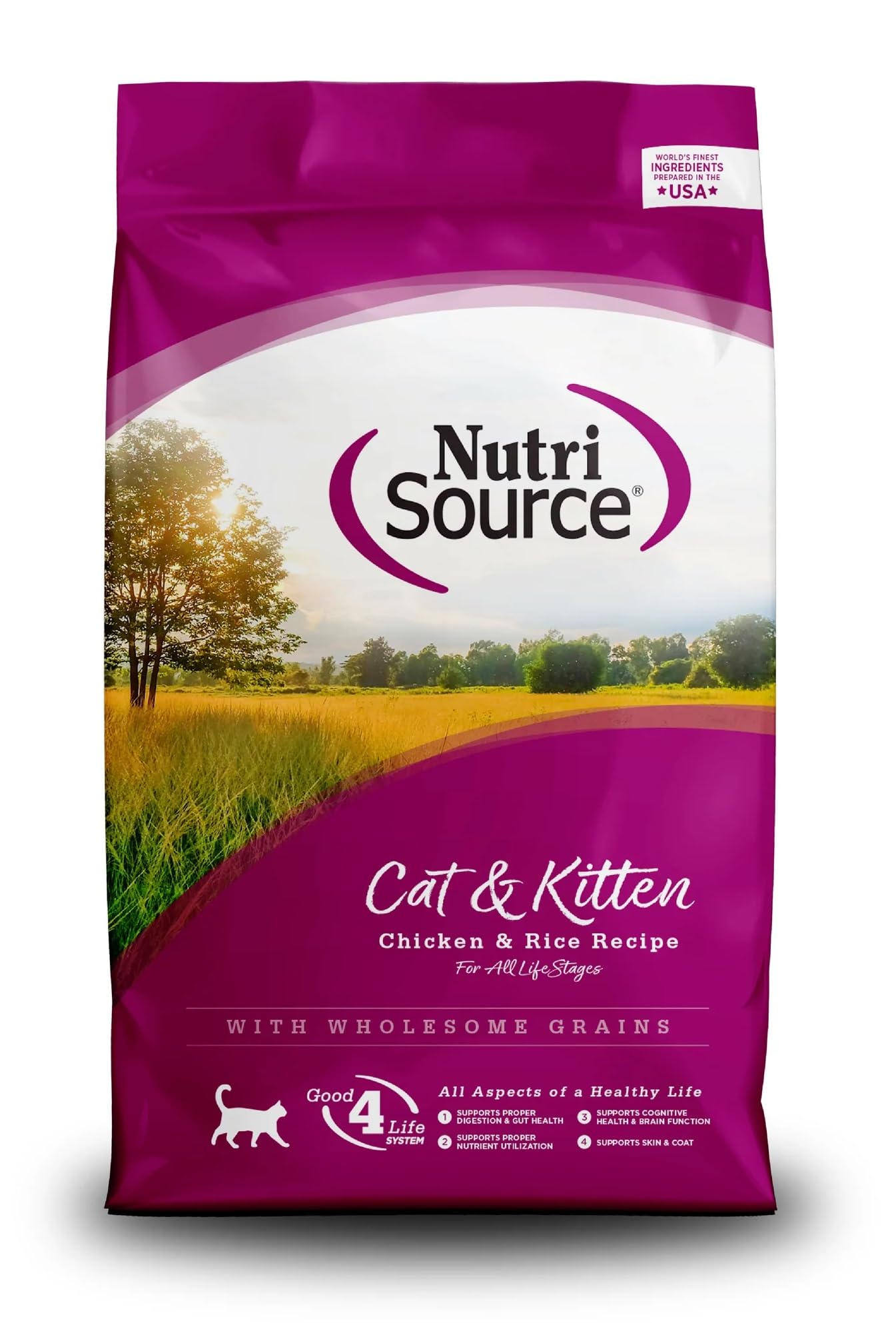 NutriSource cat and kitten chicken & rice 4lb bag showing convenient packaging.