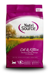 NutriSource cat and kitten chicken & rice 4lb bag showing convenient packaging.