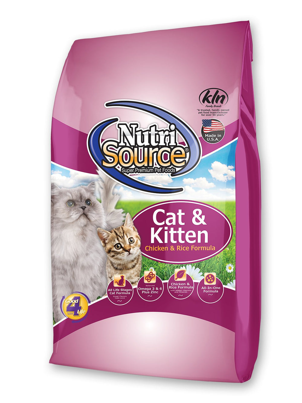 NutriSource chicken and rice cat kitten food 1.5lb bag showing balanced dry kibble for cats