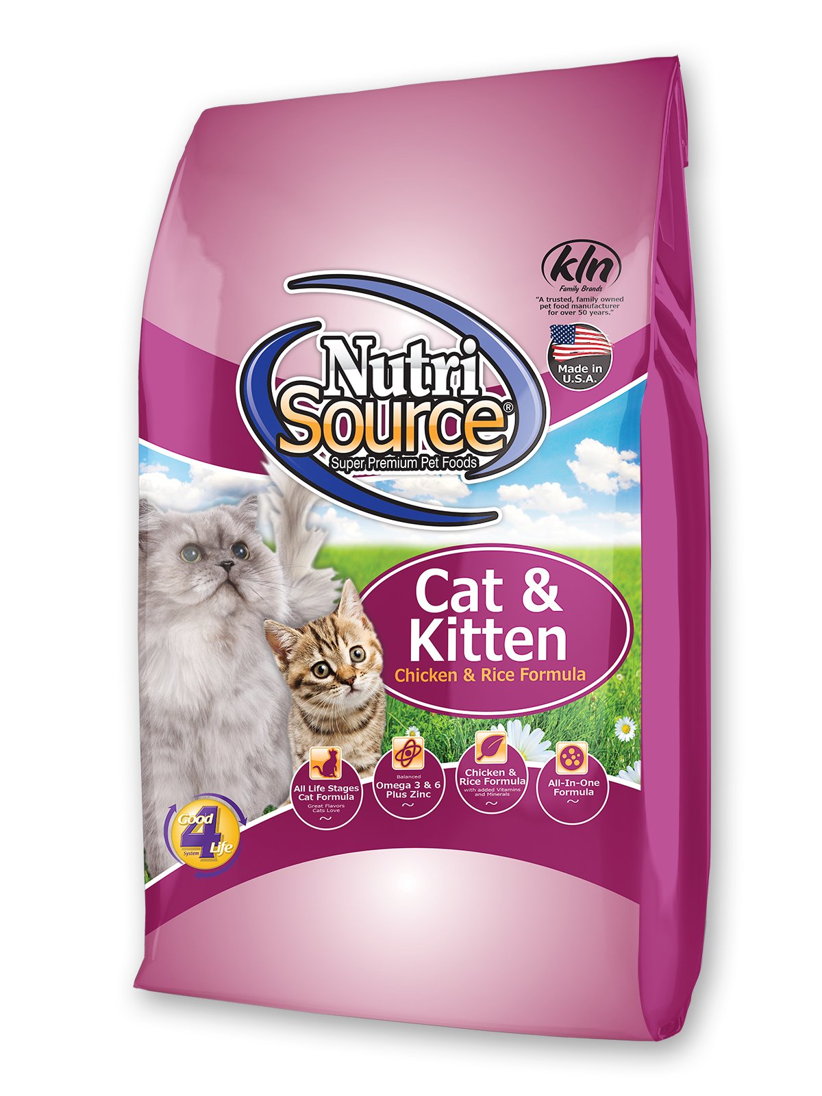 NutriSource chicken and rice cat kitten food 1.5lb bag showing balanced dry kibble for cats