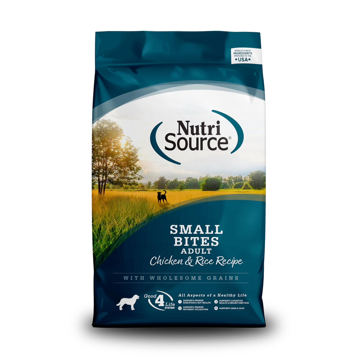 NutriSource Chicken and Rice Small Bites bag for convenient daily feeding