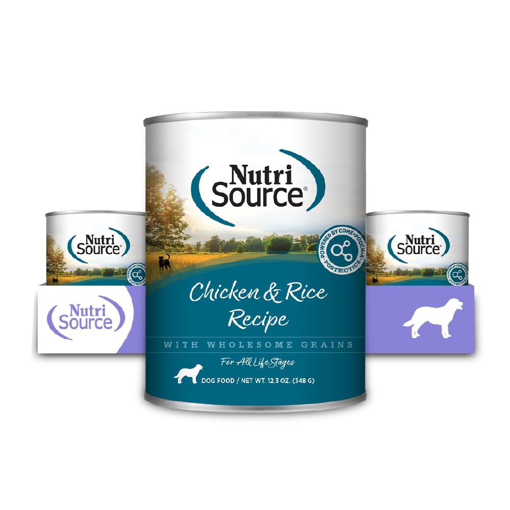 NutriSource chicken & rice wet dog food can boosts protein-rich meals with real chicken.