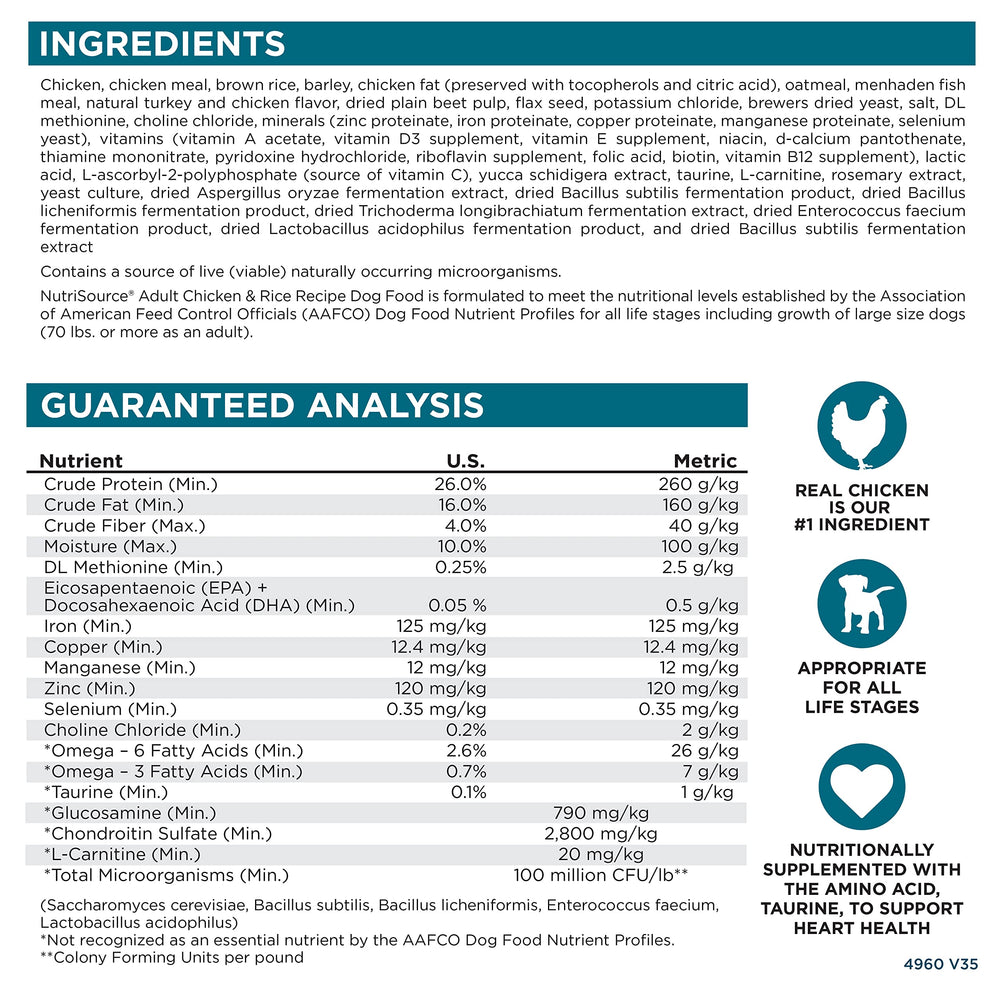 NutriSource dry dog food packaging emphasizes family-friendly nutrition.