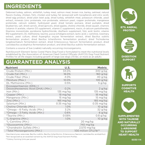 NutriSource Element Coastal Plains bag ingredients panel highlights grain-inclusive and protein-rich