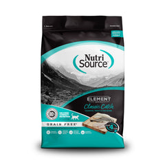 NutriSource Element Series Classic Catch bag-front shows haddock, trout and cod formula for all life stages.
