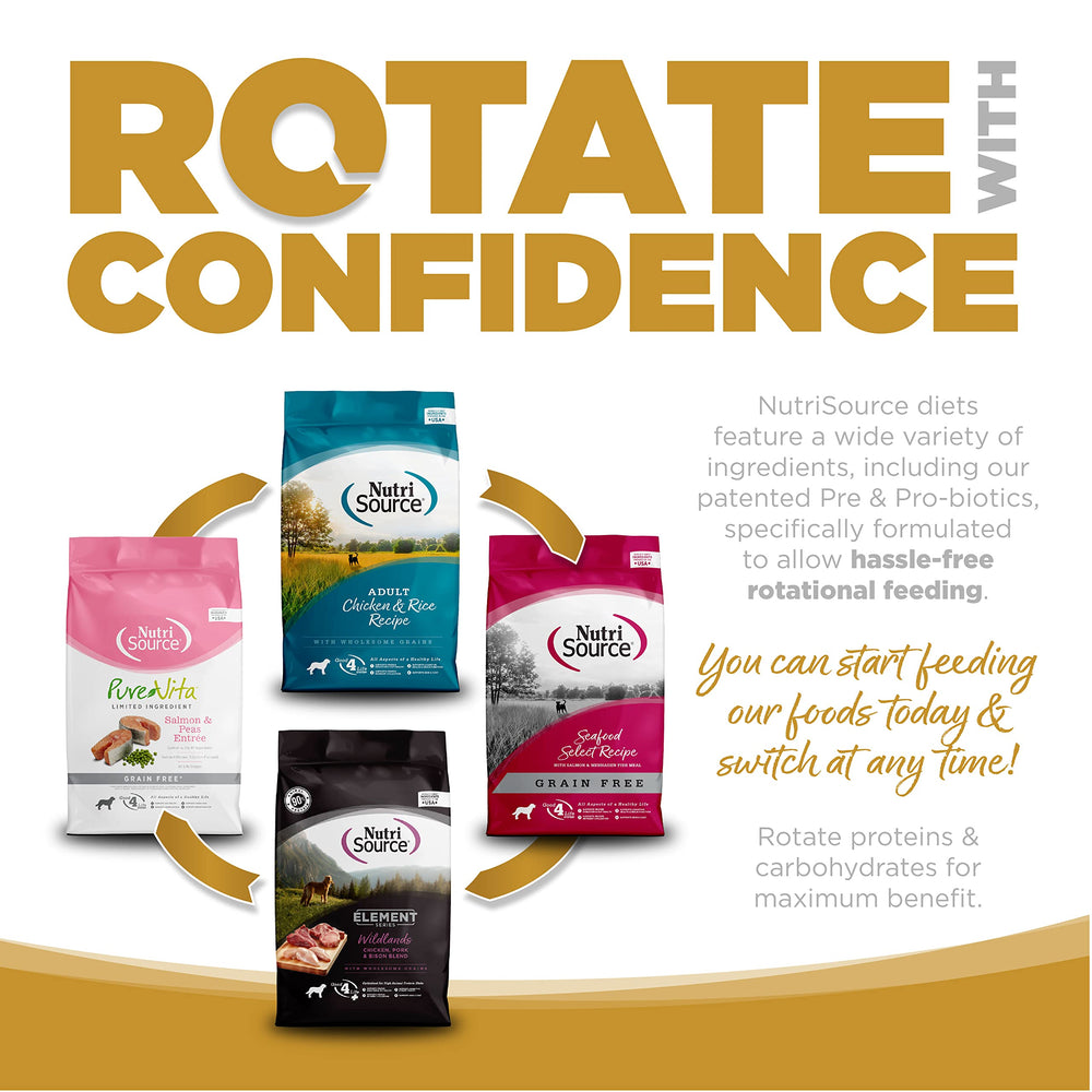 NutriSource grain-free High Plains Select Small Bites back-of-pack image highlights feeding directions.