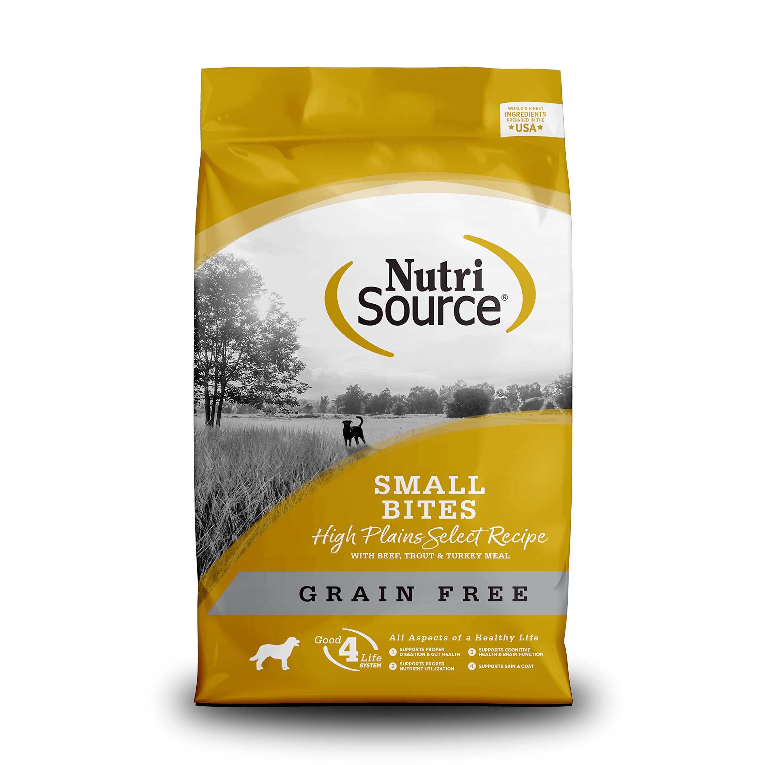 NutriSource grain-free High Plains Select Small Bites bag close highlights grain-free formula for sensitive diets.