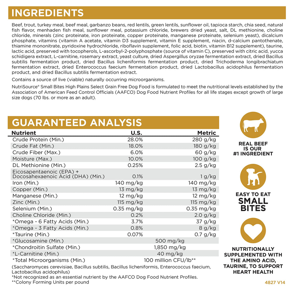 NutriSource grain-free High Plains Select Small Bites ingredients close showcases simple, versatile nutrition.
