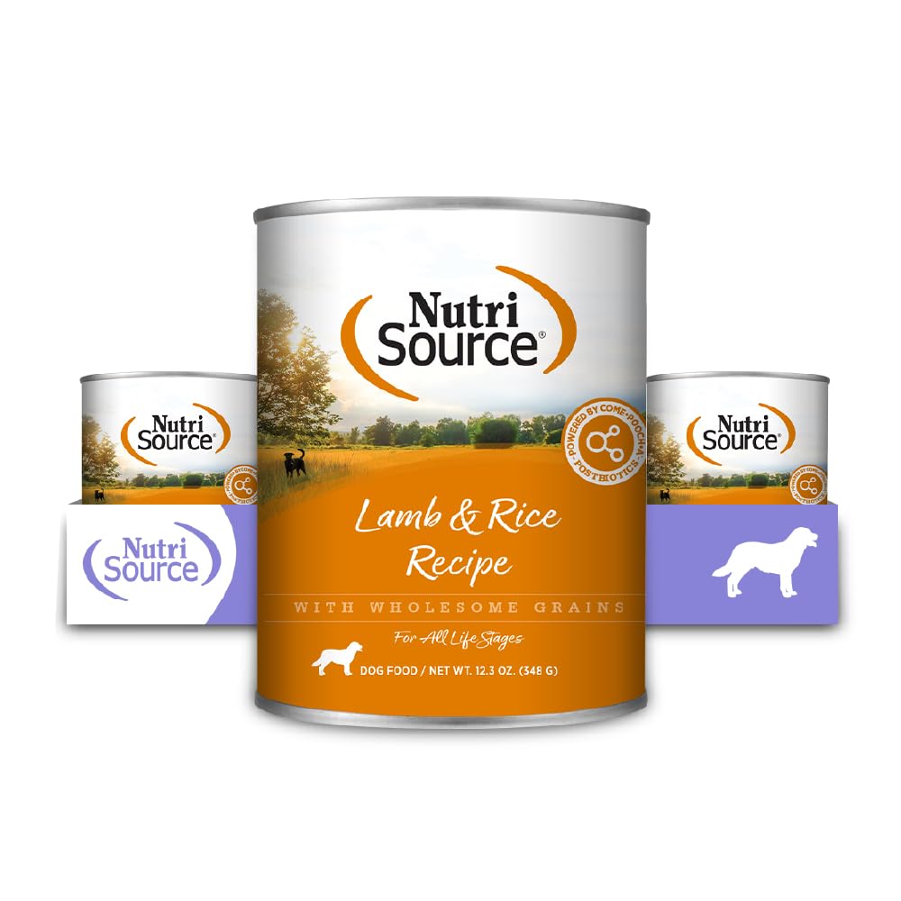 NutriSource Lamb & Rice wet dog food cans highlight real meat as the #1 ingredient for protein-rich meals.