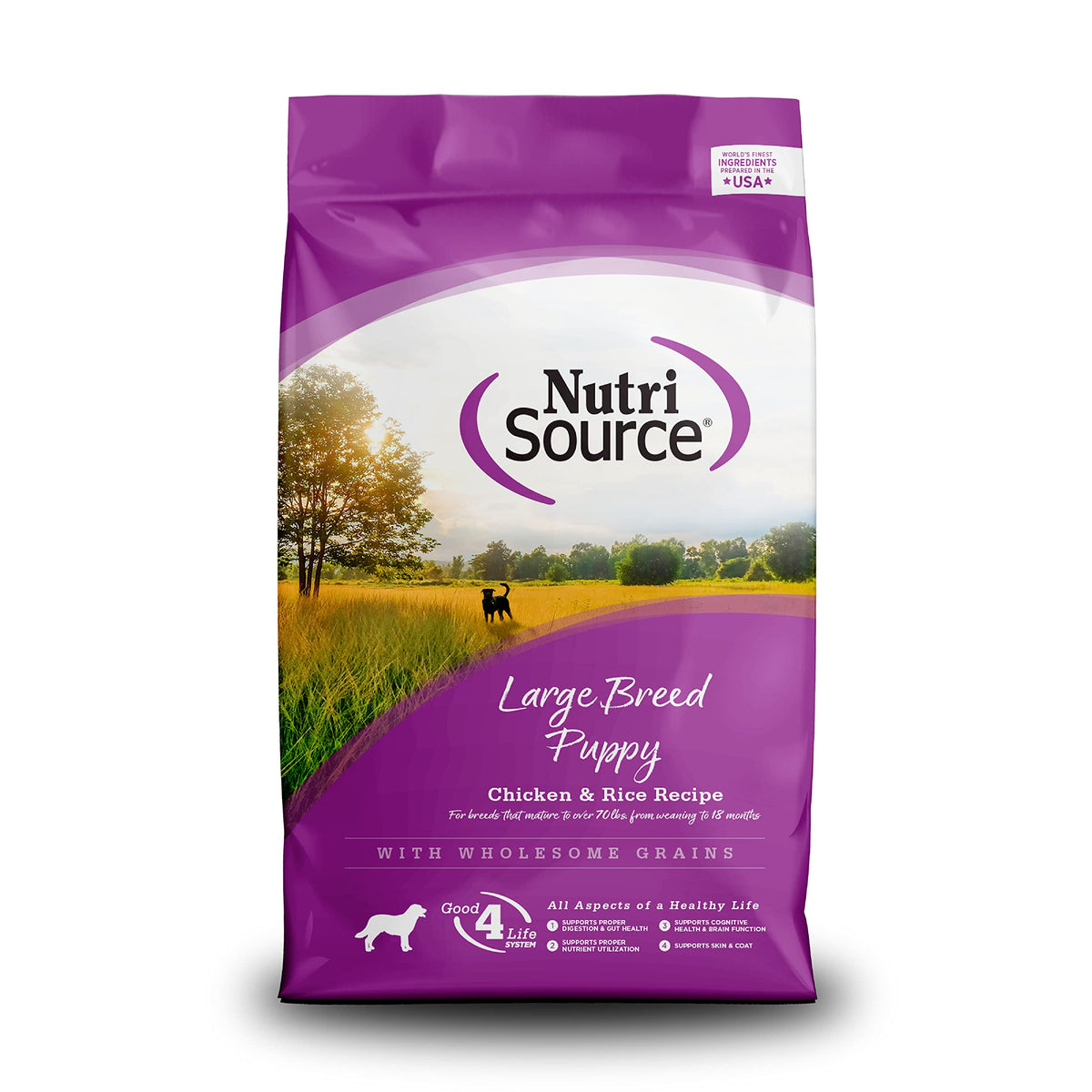 NutriSource large-breed puppy kibble in bag supports healthy growth and joint development.