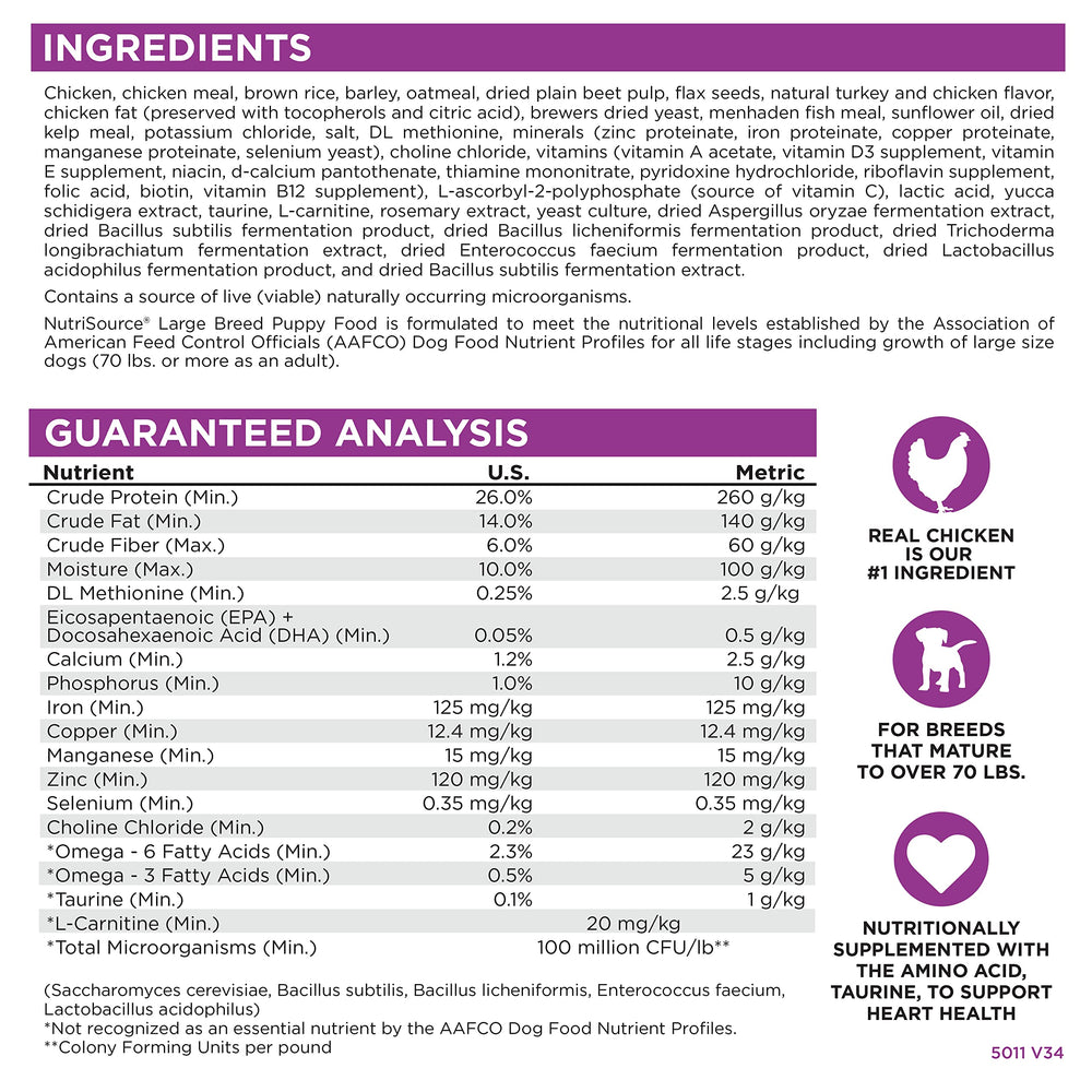 NutriSource large-breed puppy dry food ingredients visual showing protein and calcium.