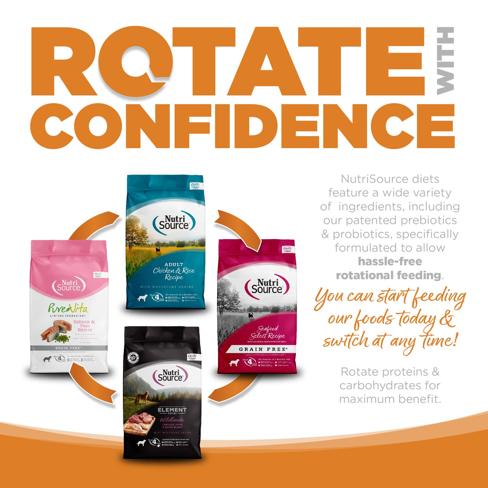 NutriSource omega-3-6 balance emphasizes heart-health ingredients for dogs.