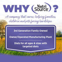 NutriSource puppy chicken & rice cans closeup shows premium ingredients for balanced nutrition.