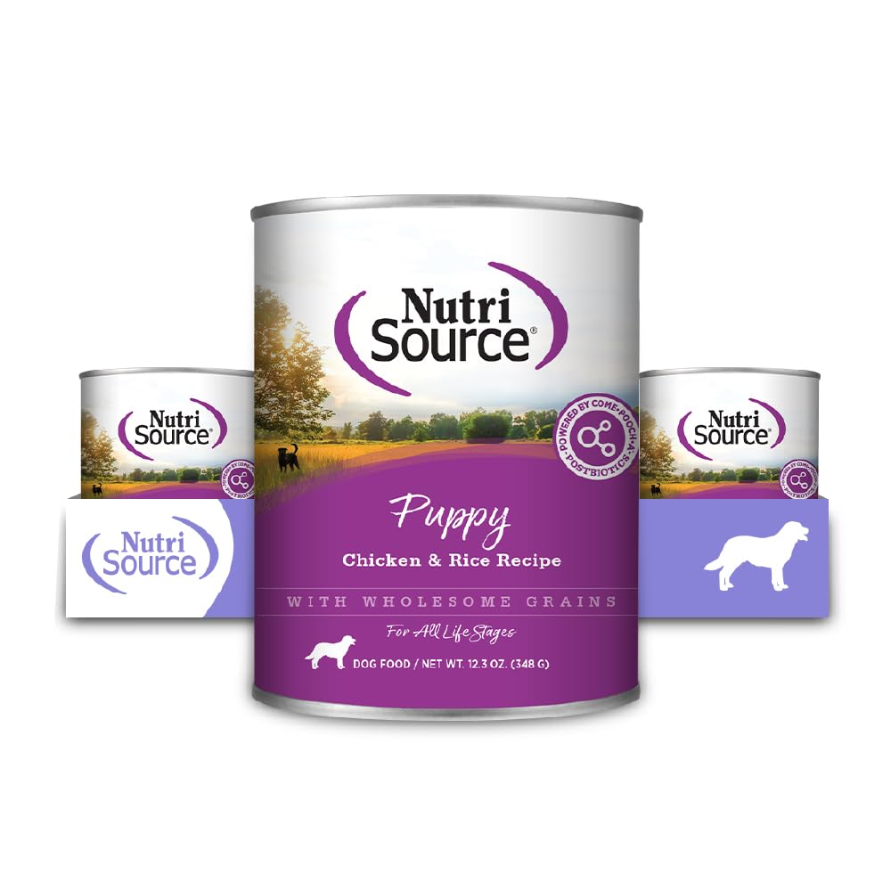 NutriSource puppy wet food bowl with chicken and rice boosts appetite support.