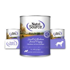 NutriSource puppy chicken & rice wet food served in a bowl for small and medium breeds.