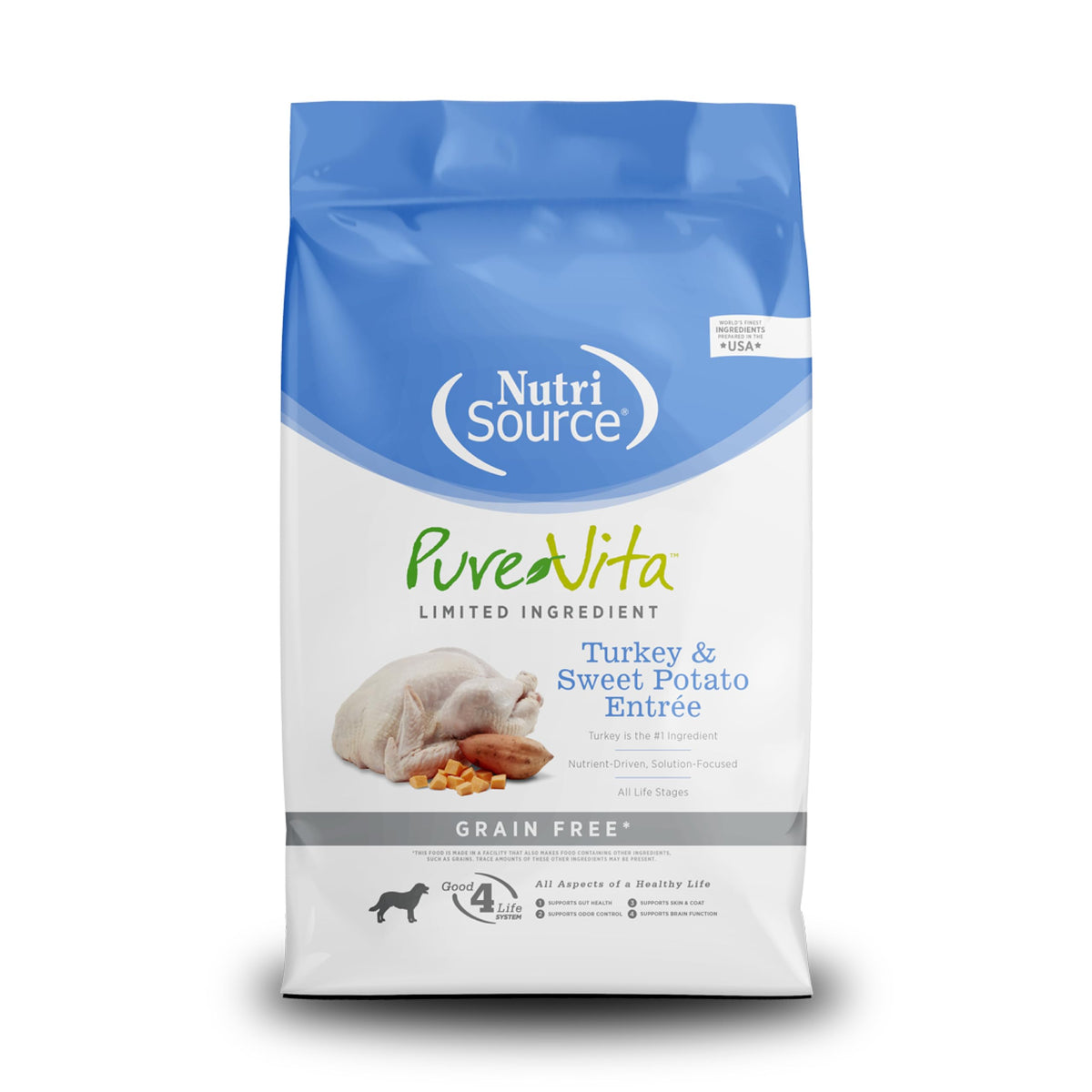 Nutri-Source Pure Vita grain-free turkey and sweet potato dog food bag front, grain-free formula.