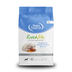 Nutri-Source Pure Vita grain-free turkey and sweet potato dog food bag front, grain-free formula.