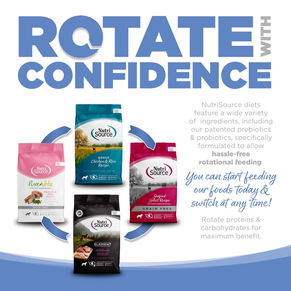 Nutri-Source Pure Vita kibble featuring pomegranate antioxidants as a nutritional highlight.