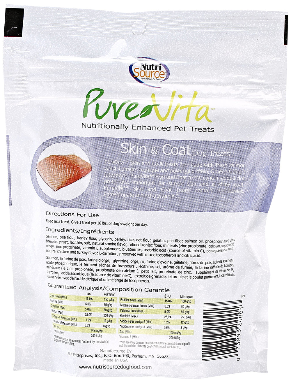 NutriSource Pure Vita Skin and Coat packaging showing a convenient 6 oz bag.