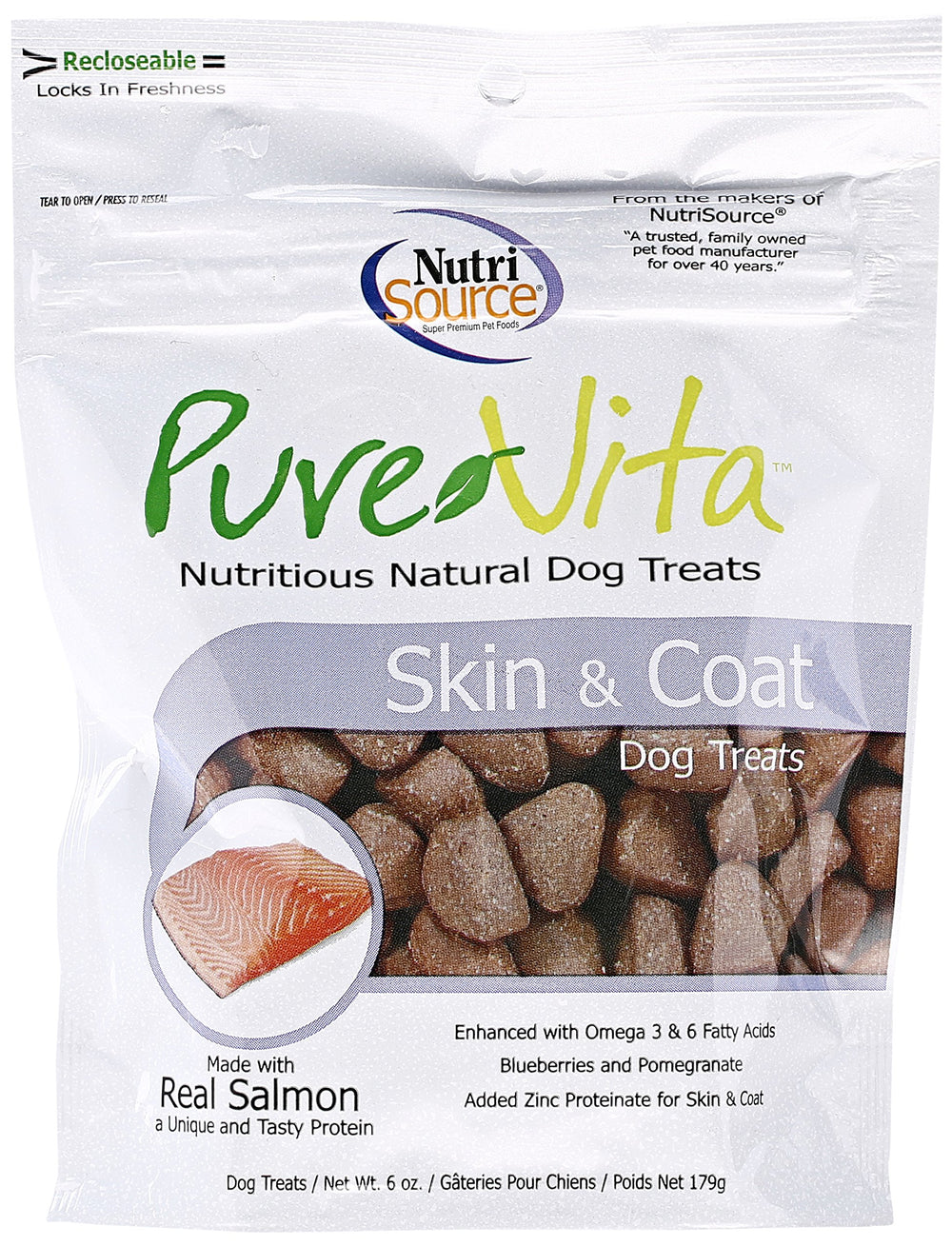 NutriSource Pure Vita Skin and Coat treats with real salmon for tasty daily rewards.