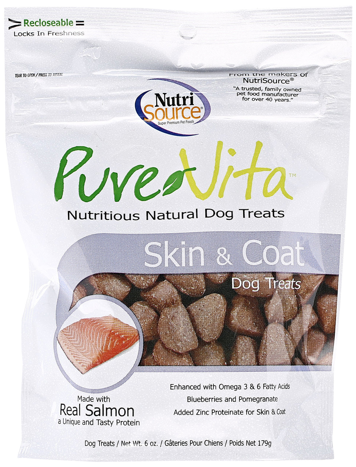 NutriSource Pure Vita Skin and Coat treats with real salmon for tasty daily rewards.