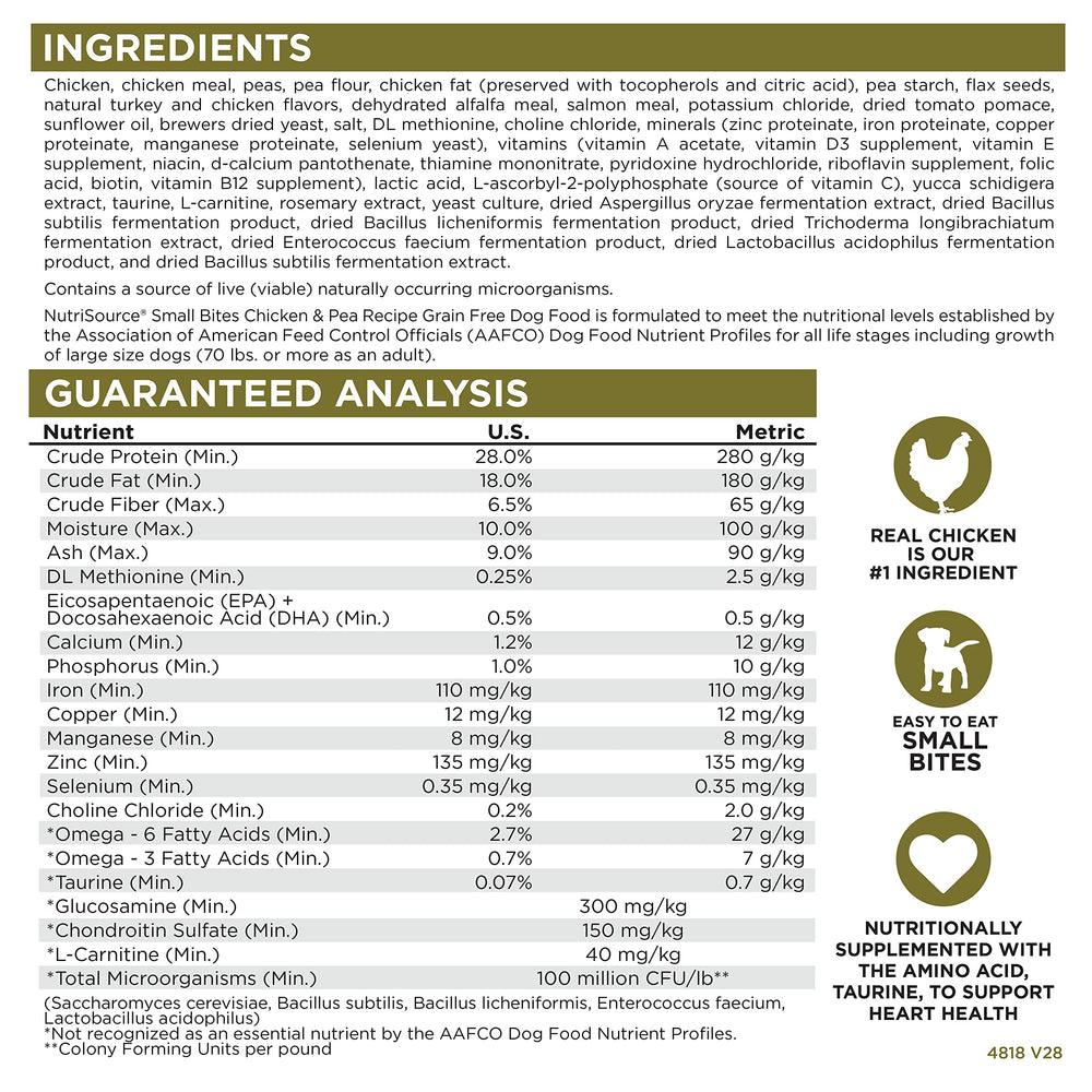 NutriSource Small Bites Omega-3-6 Card, highlights balanced fats for healthier skin.