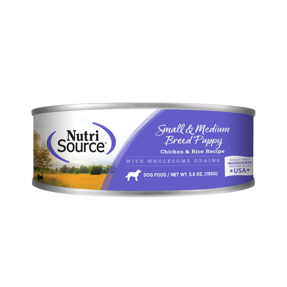 NutriSource puppy chicken and rice canned dog food can close-up, supports growth with balanced nutrition.
