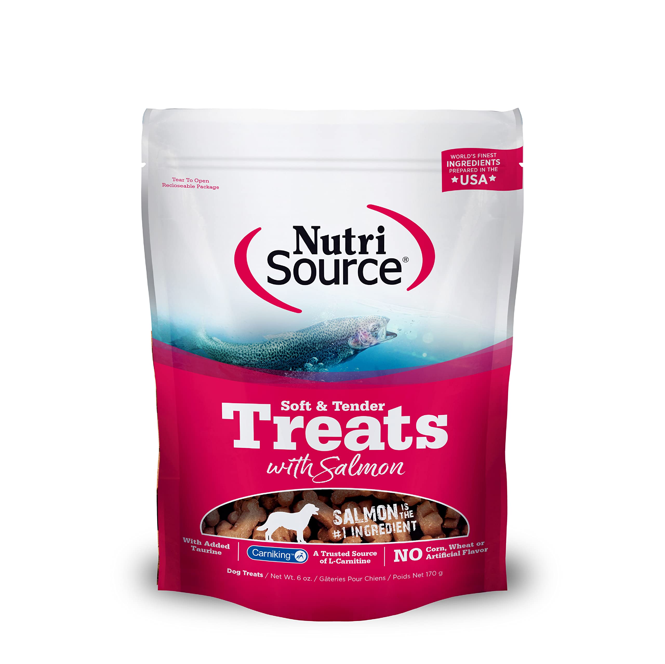 NutriSource Soft & Tender Treats Salmon packaging highlights wholesome ingredients for informed purchase.