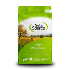 NutriSource Weight Management dry dog food bag shows chicken recipe for balanced nutrition