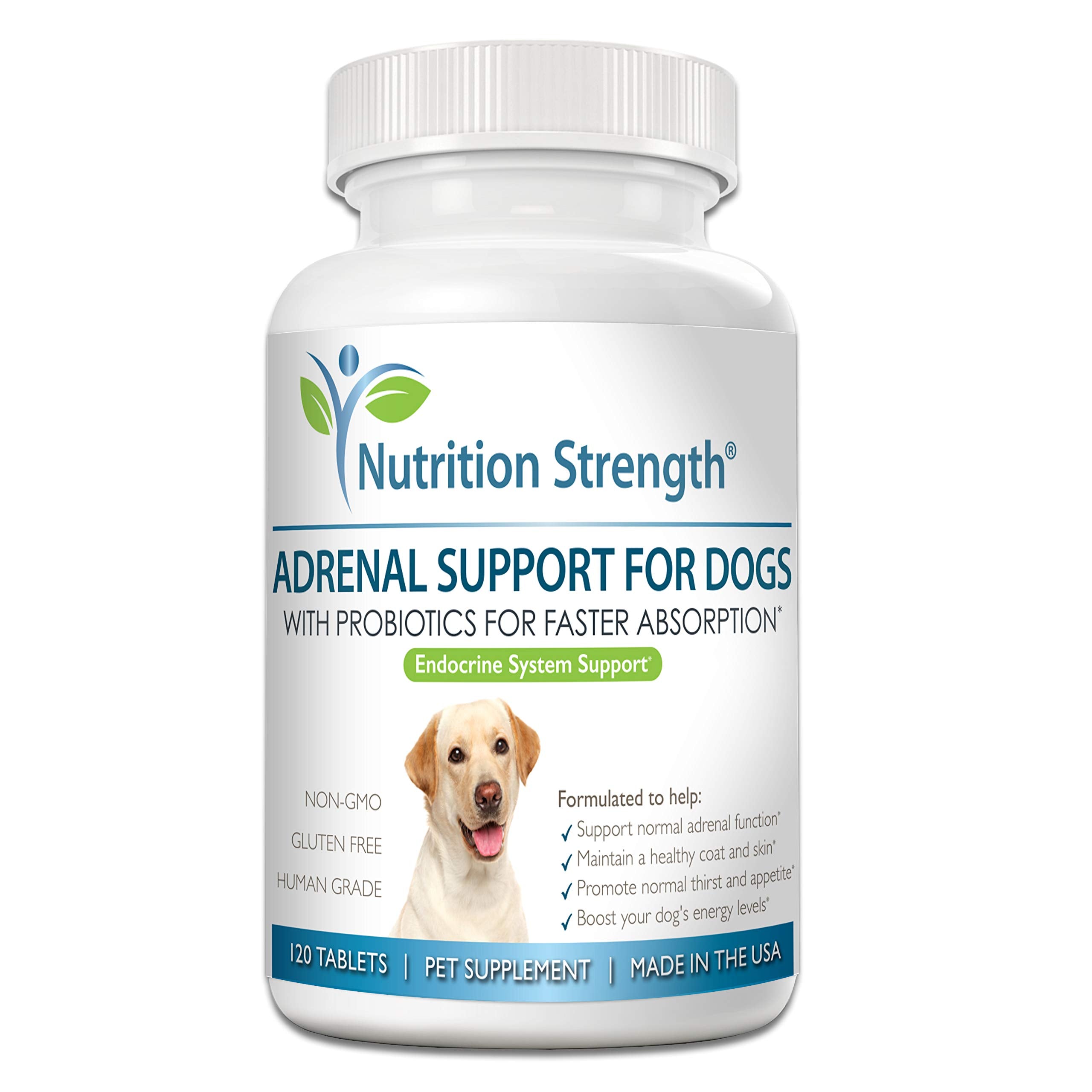 Nutrition Strength Adrenal Support for Dogs bottle pour showing easy daily dosing