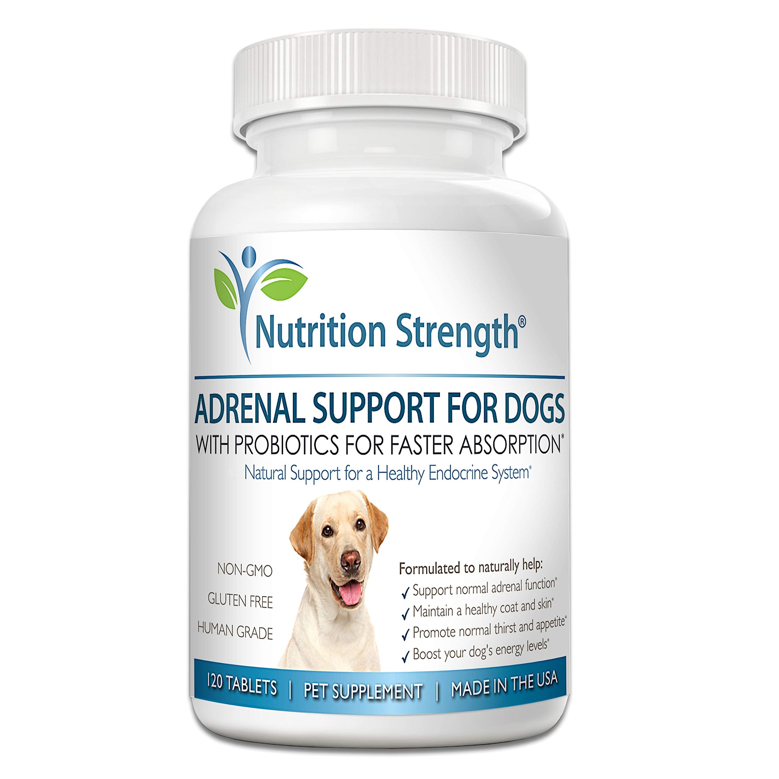 Nutrition Strength Adrenal Support for Dogs packaging highlights dosage and information