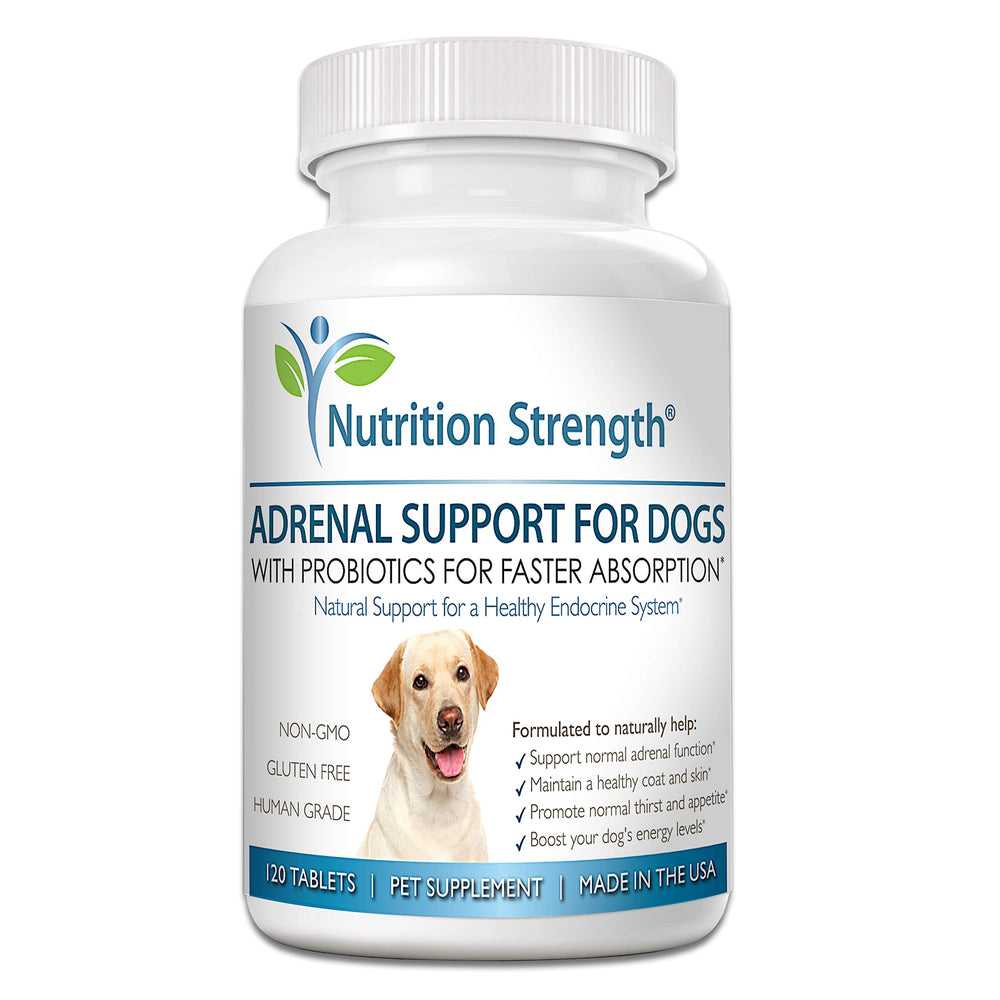 Nutrition Strength Adrenal Support for Dogs packaging highlights dosage and information