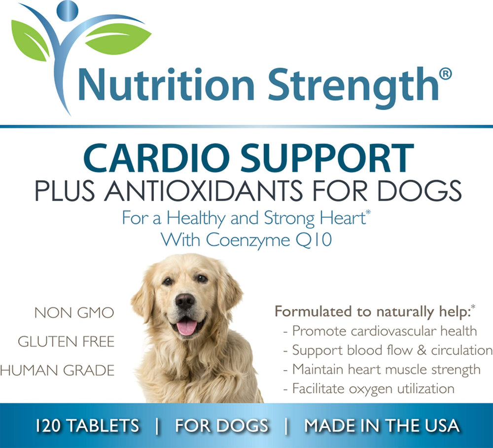 Nutrition Strength cardio-support dog heart-health label shows easy chew for senior pets.