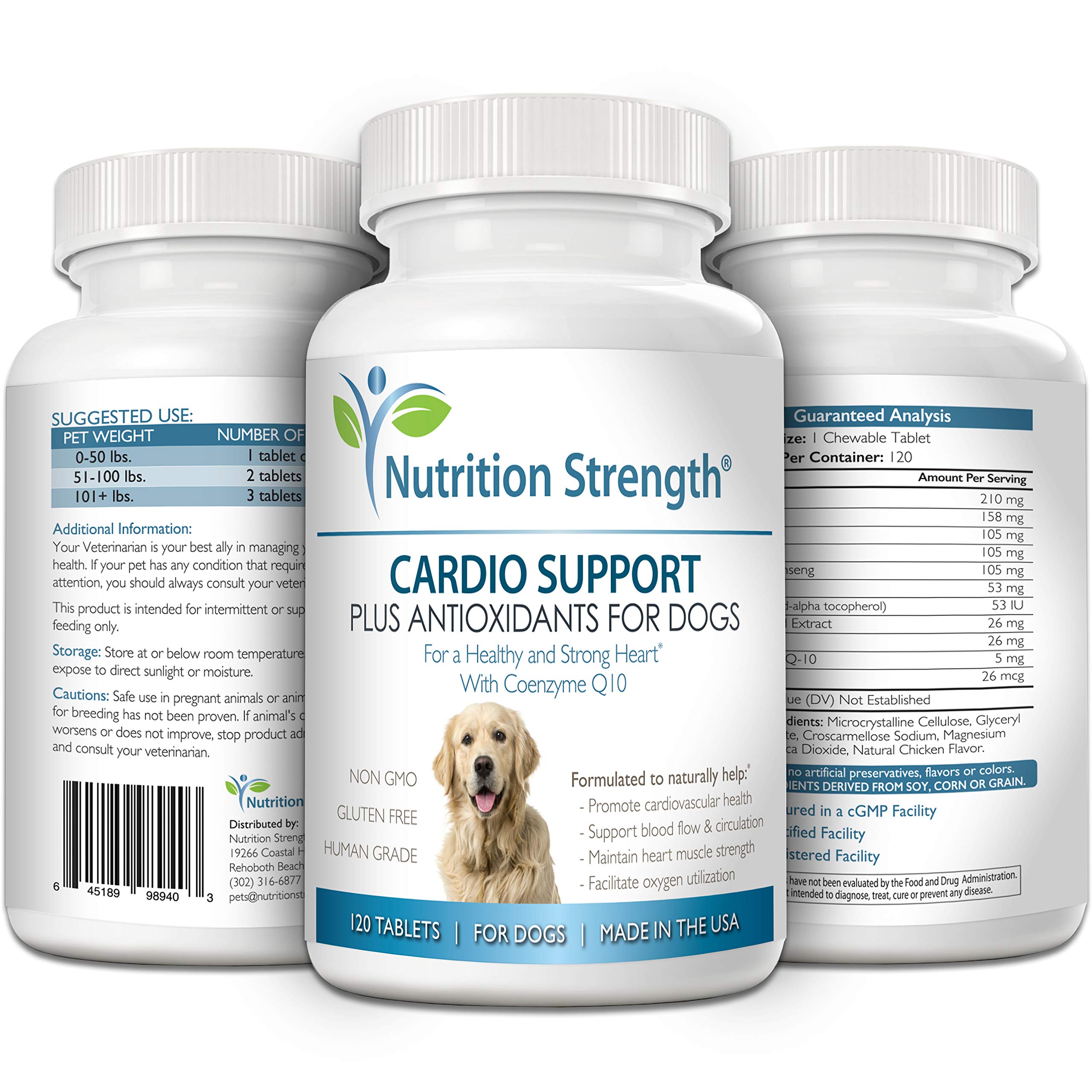 Nutrition Strength cardio-support CoQ10 highlight emphasizes antioxidant support for canine hearts.