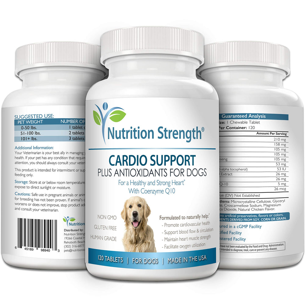 Nutrition Strength cardio-support CoQ10 highlight emphasizes antioxidant support for canine hearts.