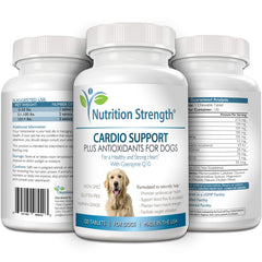 Nutrition Strength cardio-support CoQ10 highlight emphasizes antioxidant support for canine hearts.