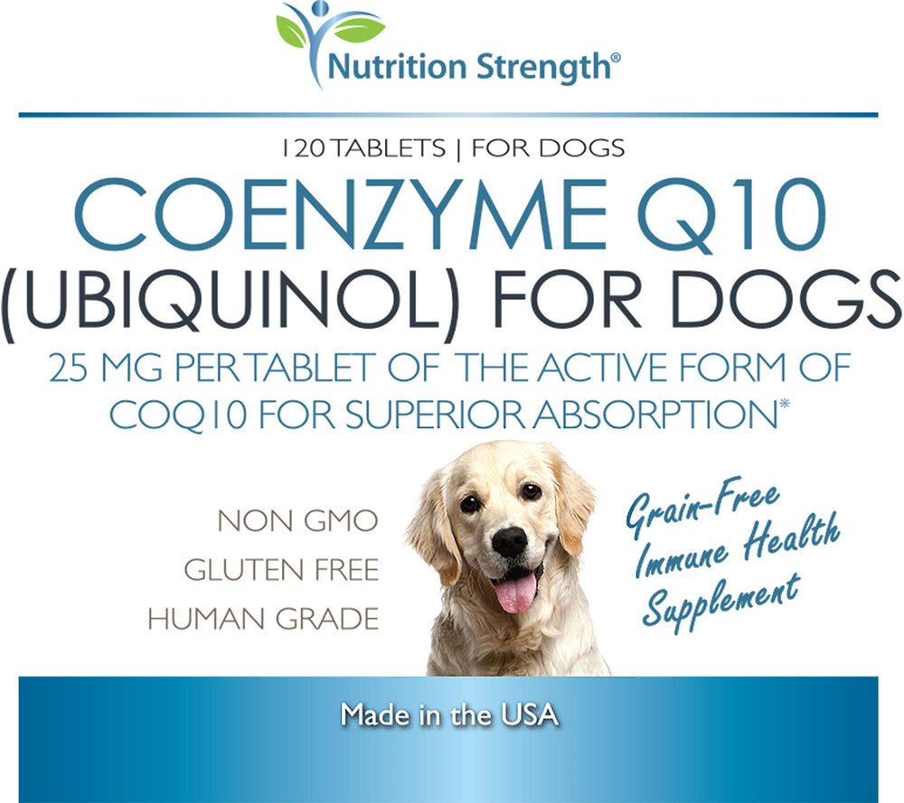 Nutrition Strength CoQ10 ingredients-scan highlights ubiquinol formulation and grain-free recipe.