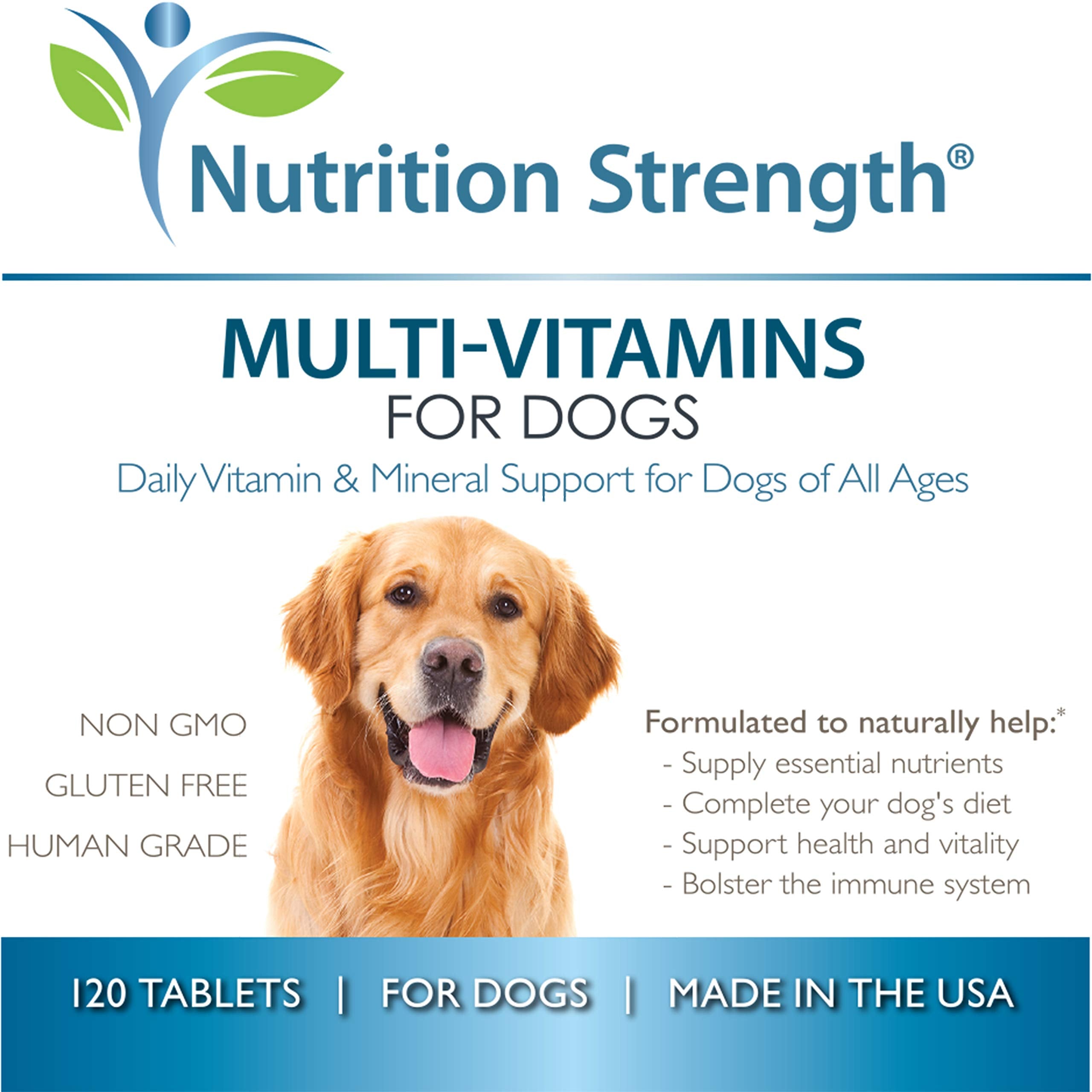 Nutrition Strength bottle and tablets ready for your dog's daily routine.