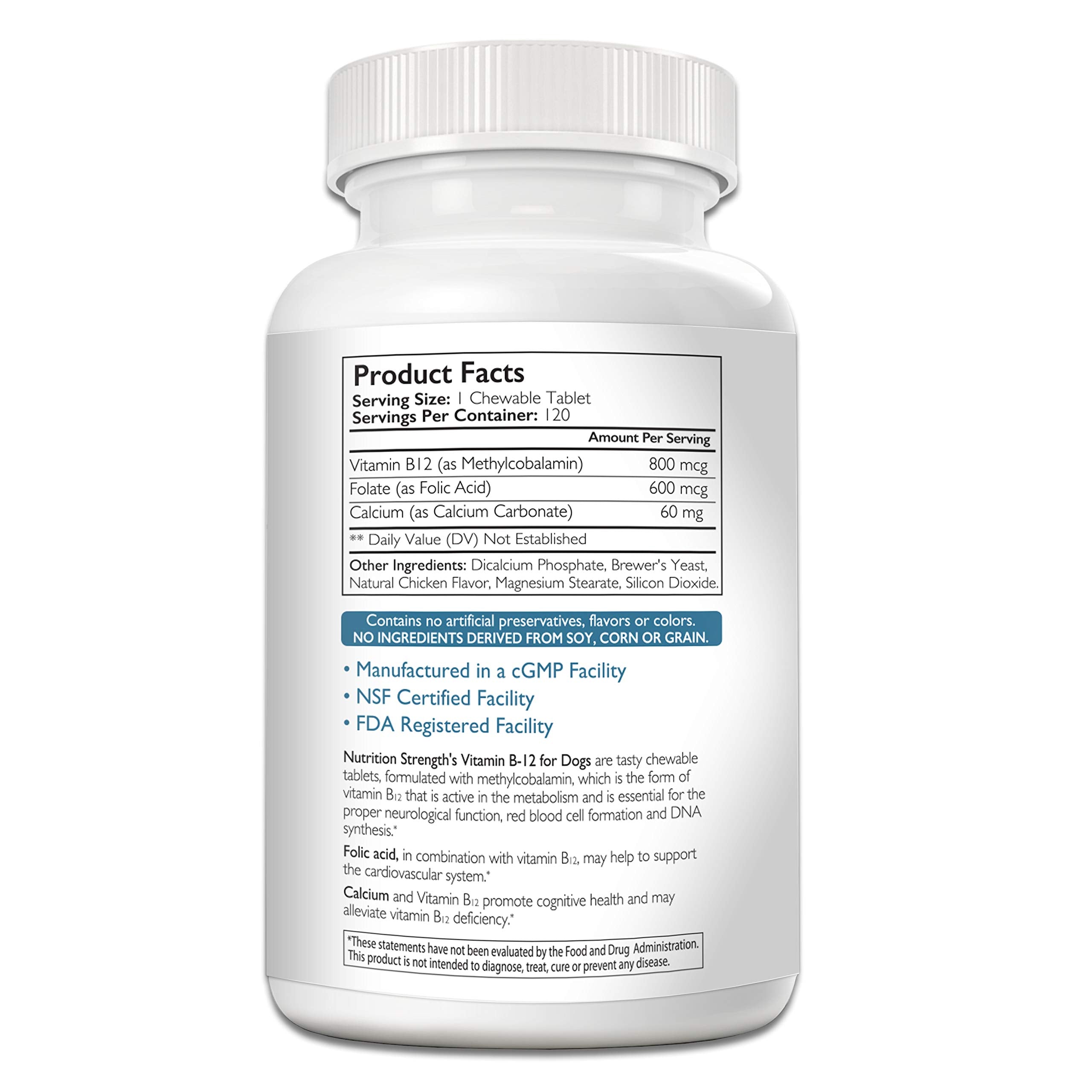Nutrition Strength B12 bottle label emphasizing quality manufacturing