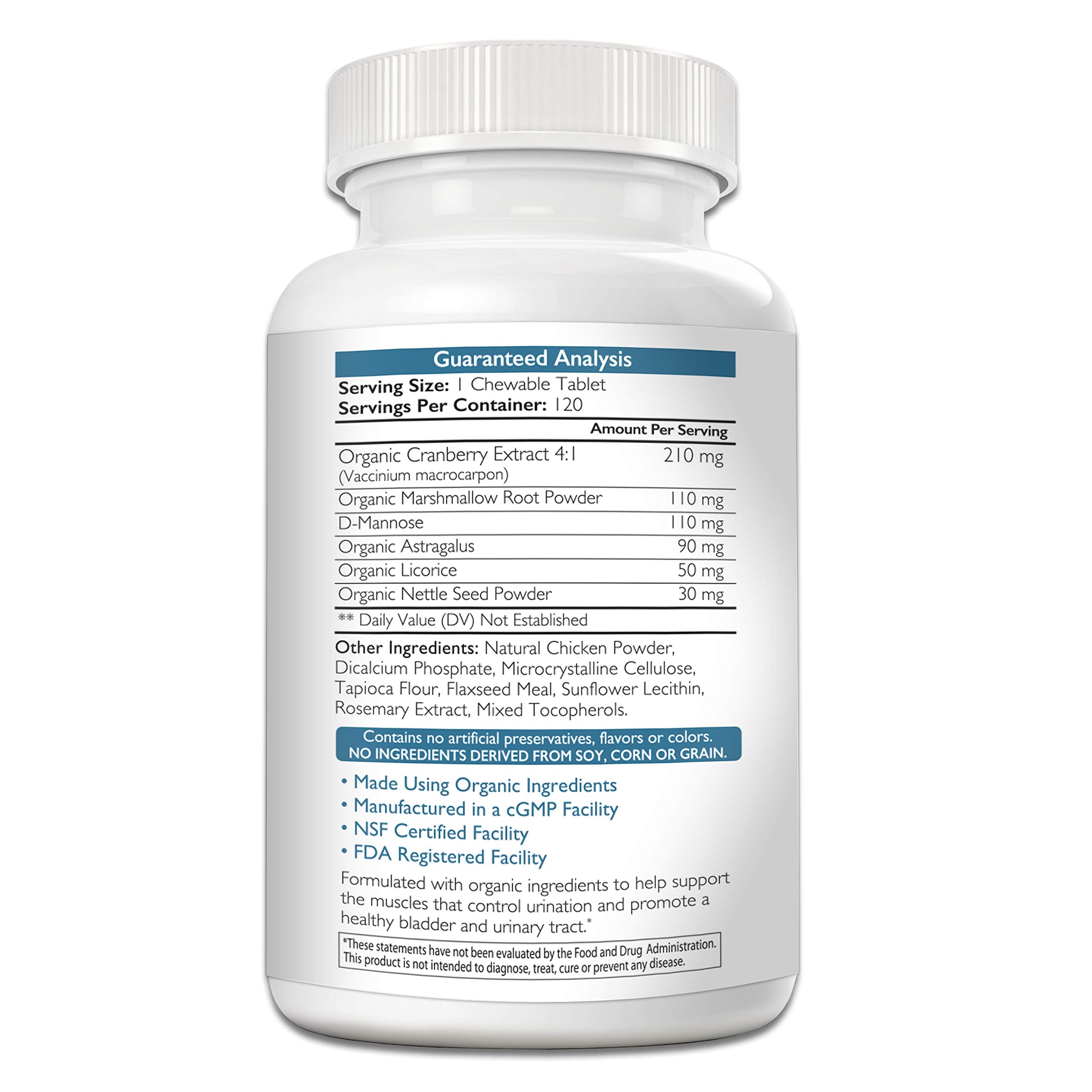 Nutrition Strength dog incontinence ingredients marshmallow root highlights organic herbal blend for urinary wellness.